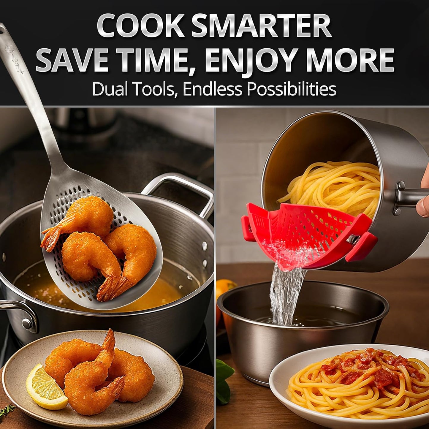 Stainless Steel Skimmer Spoon with Silicone Clip-On Strainer – Multi-Purpose Pasta Strainer, Spider Ladle, Pot Drainer Tool – Heat Resistant & Easy to Clean