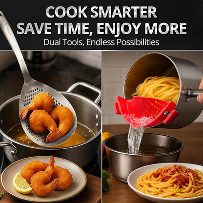 Stainless Steel Skimmer Spoon with Silicone Clip-On Strainer – Multi-Purpose Pasta Strainer, Spider Ladle, Pot Drainer Tool – Heat Resistant & Easy to Clean