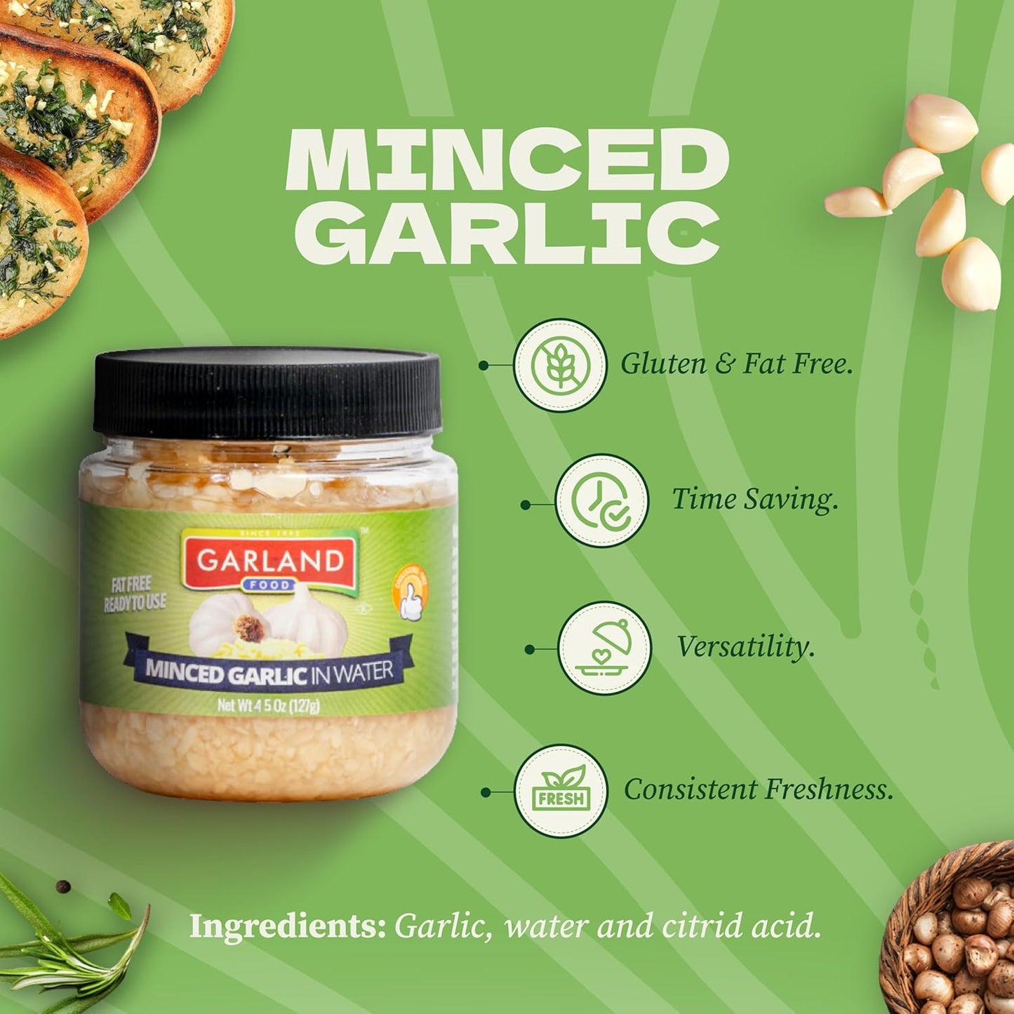 Garland Food Squeezable Minced Garlic in Water 9.5 oz – Made in the USA - Garlic Minced Squeeze Bottle for Fresh Flavor, Time-Saving Prep, and Versatile Uses in Every Dish