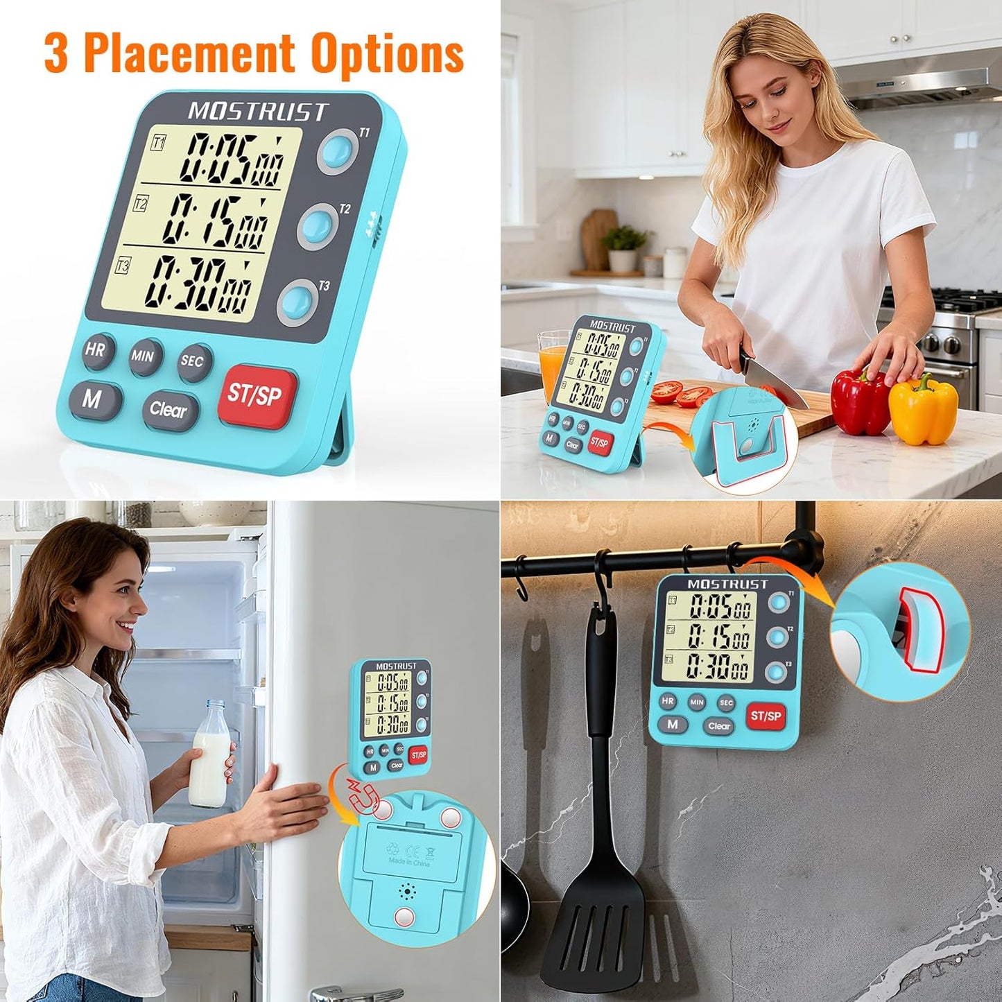 Digital Dual Kitchen Timer, 3 Channels Triple Countdown Timer for Cooking, Magnetic Memory-Preset Large Display Adjustable Volume, Multi Time Management, 3A Battery Included, Black