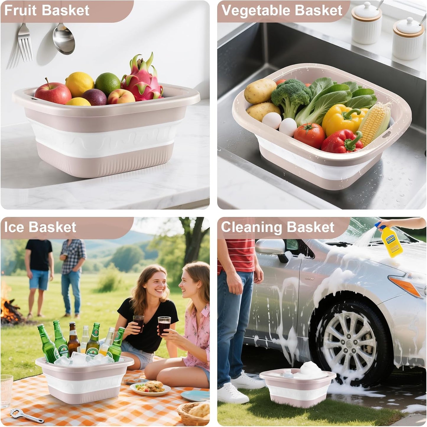 SINGARO 1.5 Gal (5.5L) Collapsible Dish Basin with Drain Basket Colanders, Multiuse Double-Layer Foldable Strainers Sink Tub, Collapsible Wash Basin Pan, Plastic Tubs, Dishpan, Kitchen Sink, Green