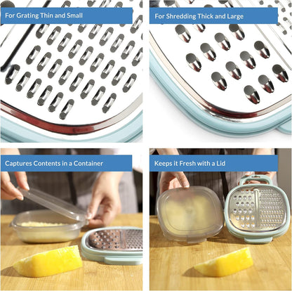 PortoFino Mini Box Grater with Handle, Cheese Grater with Container, 2 in 1 Design for Grating and Storage, Stainless Steel Food Grater with Plastic Storage Container, Dishwasher Safe, Small, Blue
