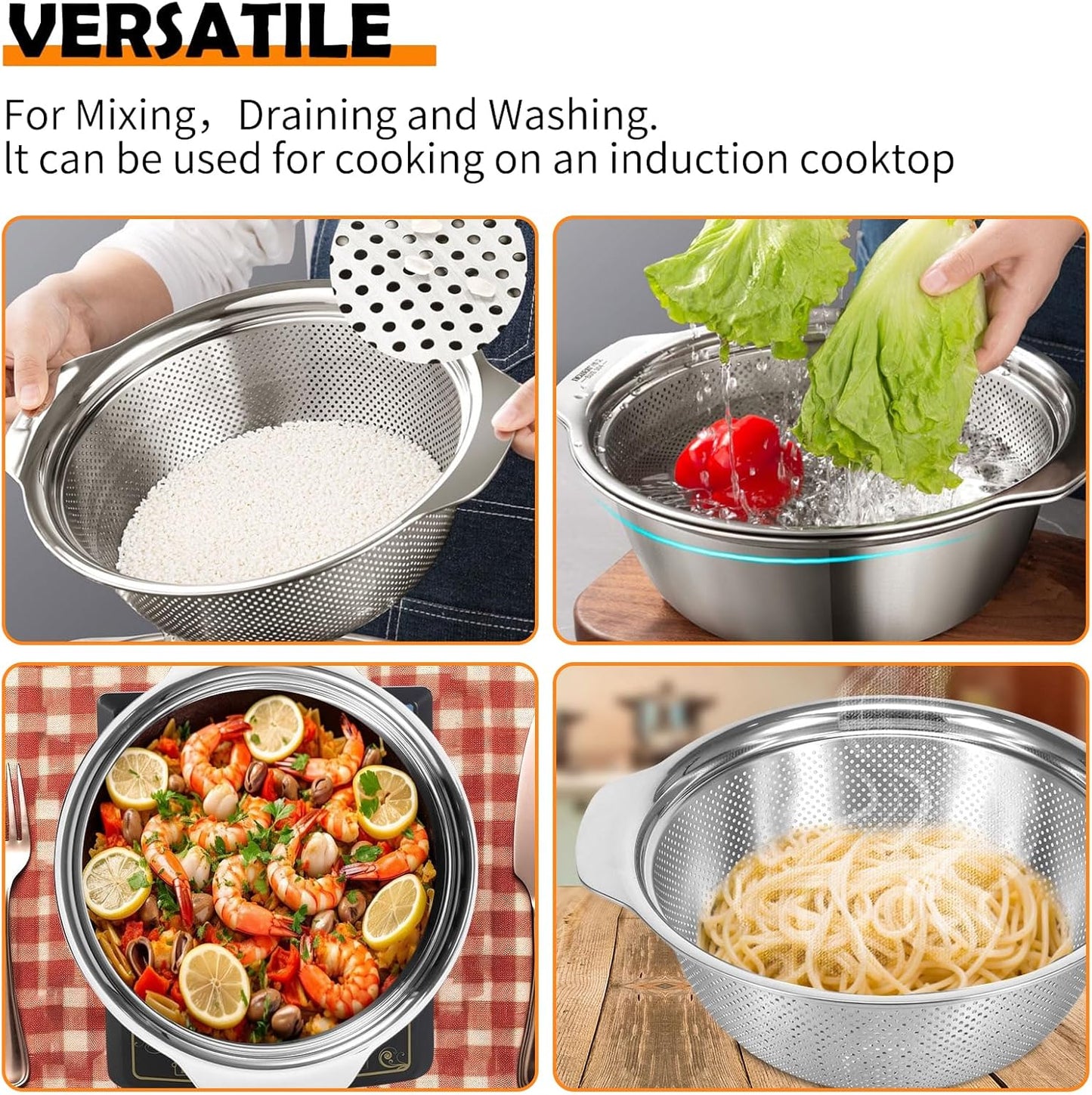 Stainless Steel Microporous Colander for Kitchen, 2.5QT Large Capacity, Colander and Bowl Set of Two, Stainless Steel Drain Basket with Mixing Bowl, for Washing Fruits and Vegetables