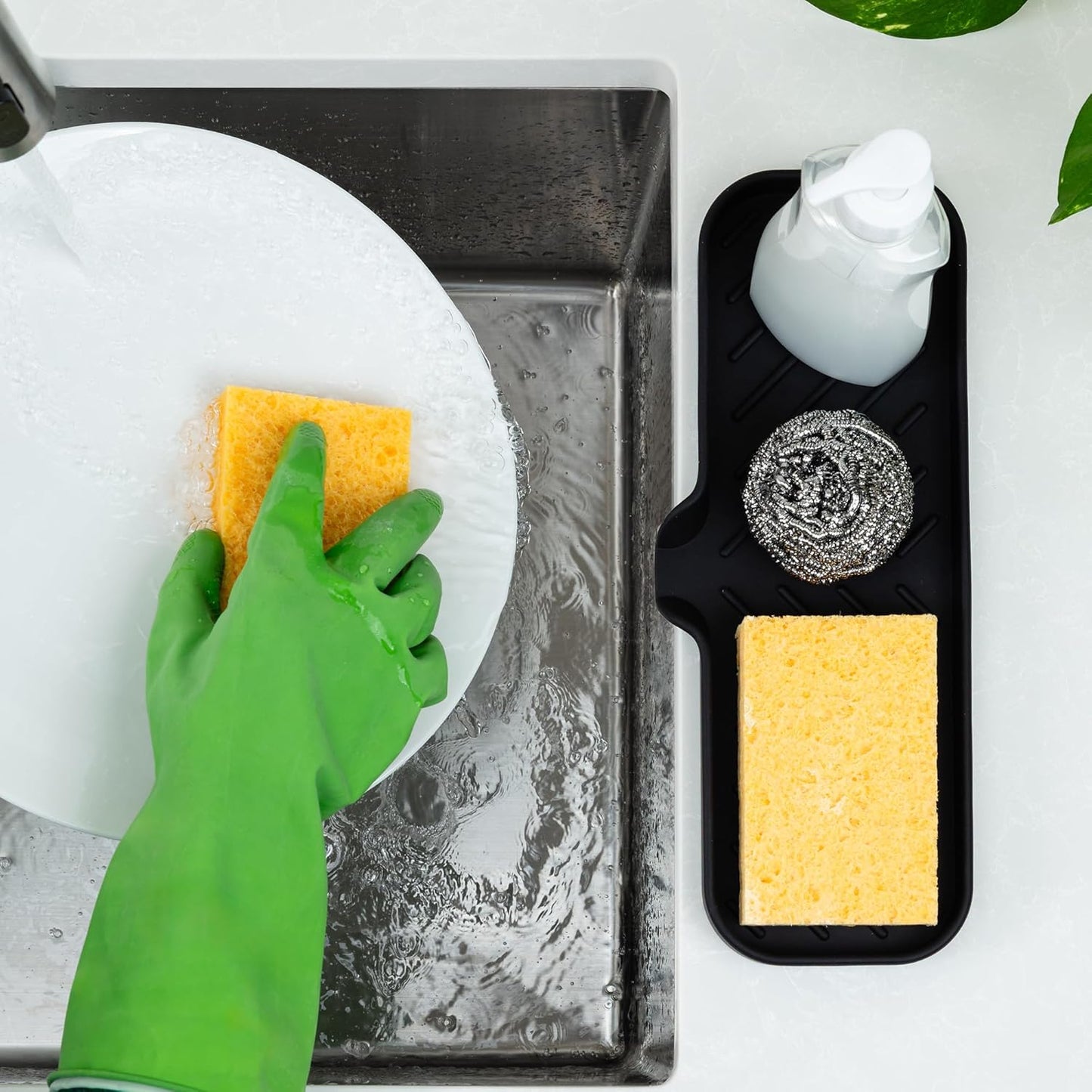 Zulay Kitchen (9x3.5in Sponge Holder for Kitchen Sink - Flexible Heavy-duty Multipurpose Sink Caddy - Counter Organizer for Kitchen, Bathroom, Makeup, Trinkets & More! (Grey)