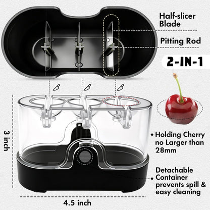 2-in-1 Cherry Pitter & Half Slicer, 3-Hole Cherry Seed Remover with Built-in Blade, with Clear Container (Apple Green)