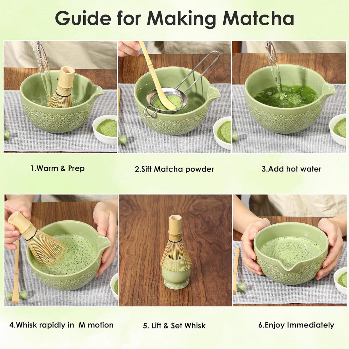 Matcha Whisk Set Matcha Kit - 7 Pcs Japanese Tea Set Includes Matcha Bowl with Spout,Bamboo Whisk with Ceramic Holder,Bamboo Scoop and Rest,Sifter,Tea Towel, for Ceremony Matcha Lovers Gift,Green