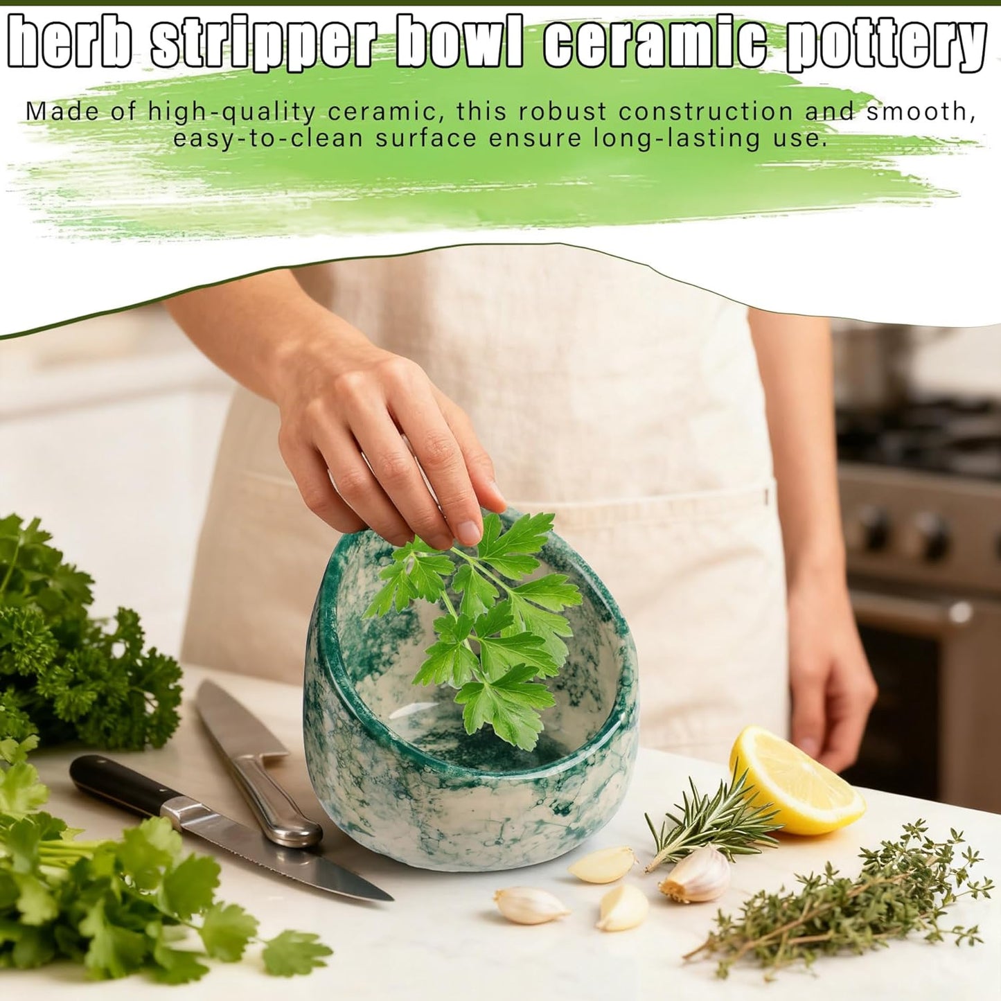 Herb Stripper Bowl, Pottery Ceramic Herb Stripper Stripper for Ergonomic Design Fast Leaf Removal (Green)