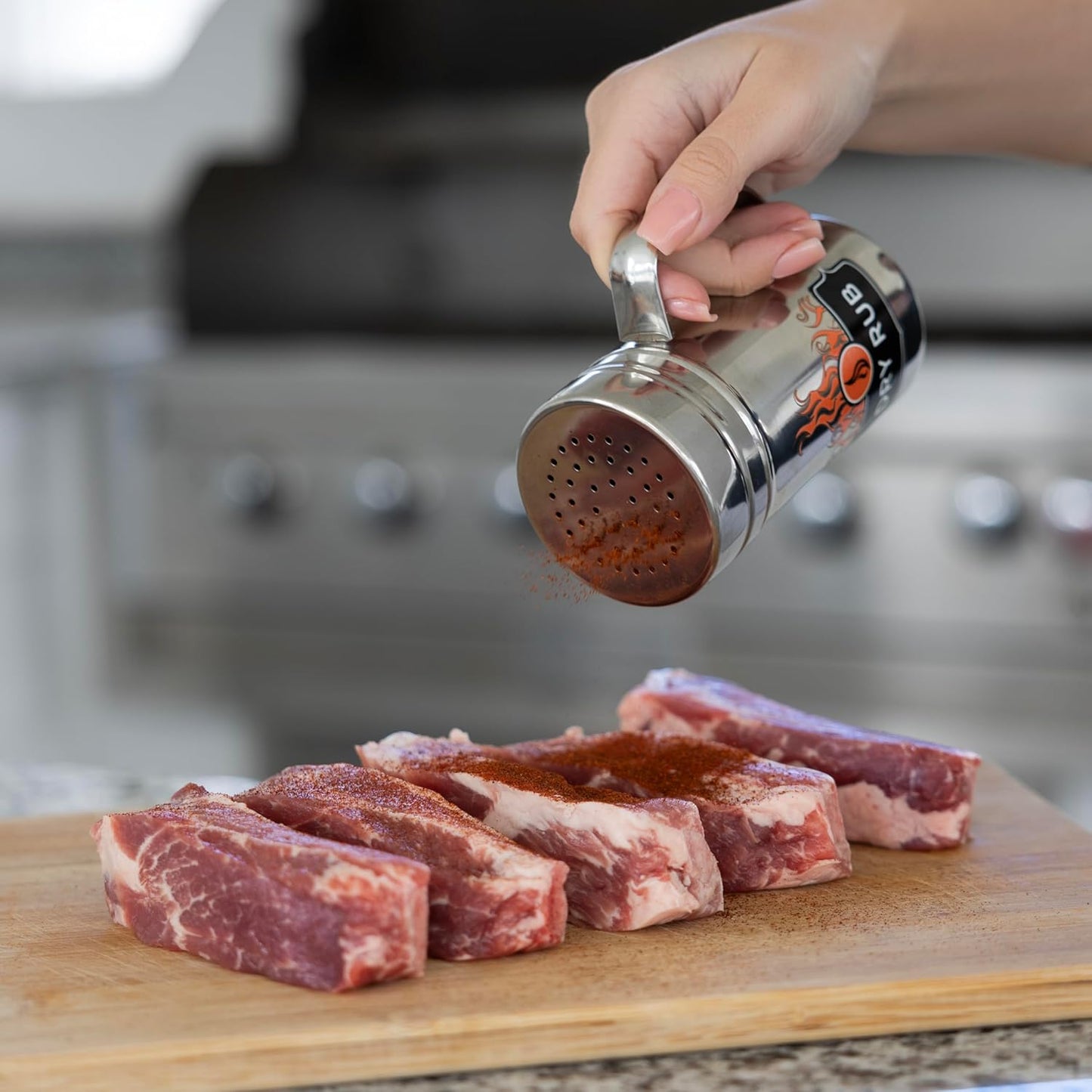 Outset Stainless Steel Dry Rub Shaker With Lid, 13oz Seasoning Dispenser