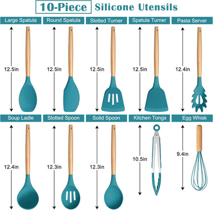 E-far Silicone Cooking Utensils Set, 10-Piece Heat Resistant Kitchen Utensils Set with Wooden Handle for Nonstick Cookware, Kitchen Nonstick Tools Spatula Whisk Tongs Ladle, Non-toxic & Healthy(Khaki)