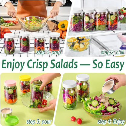 KTKUDY 4 Pack 32 oz Glass Salad Jars with Dressing Cups (Pod) - Meal Prep Salad Container for Lunch - Leakproof Mason Jars with Lids