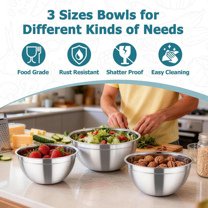 TeamFar Mixing Bowls with Lids, 4.5/3/1.5 QT Stainless Steel Nesting Salad Bowls with Airtight Lids, For Serving/Mixing/Storing/Prepping, Healthy & Sturdy, Visible & Easy Clean, Khaki, Set of 3