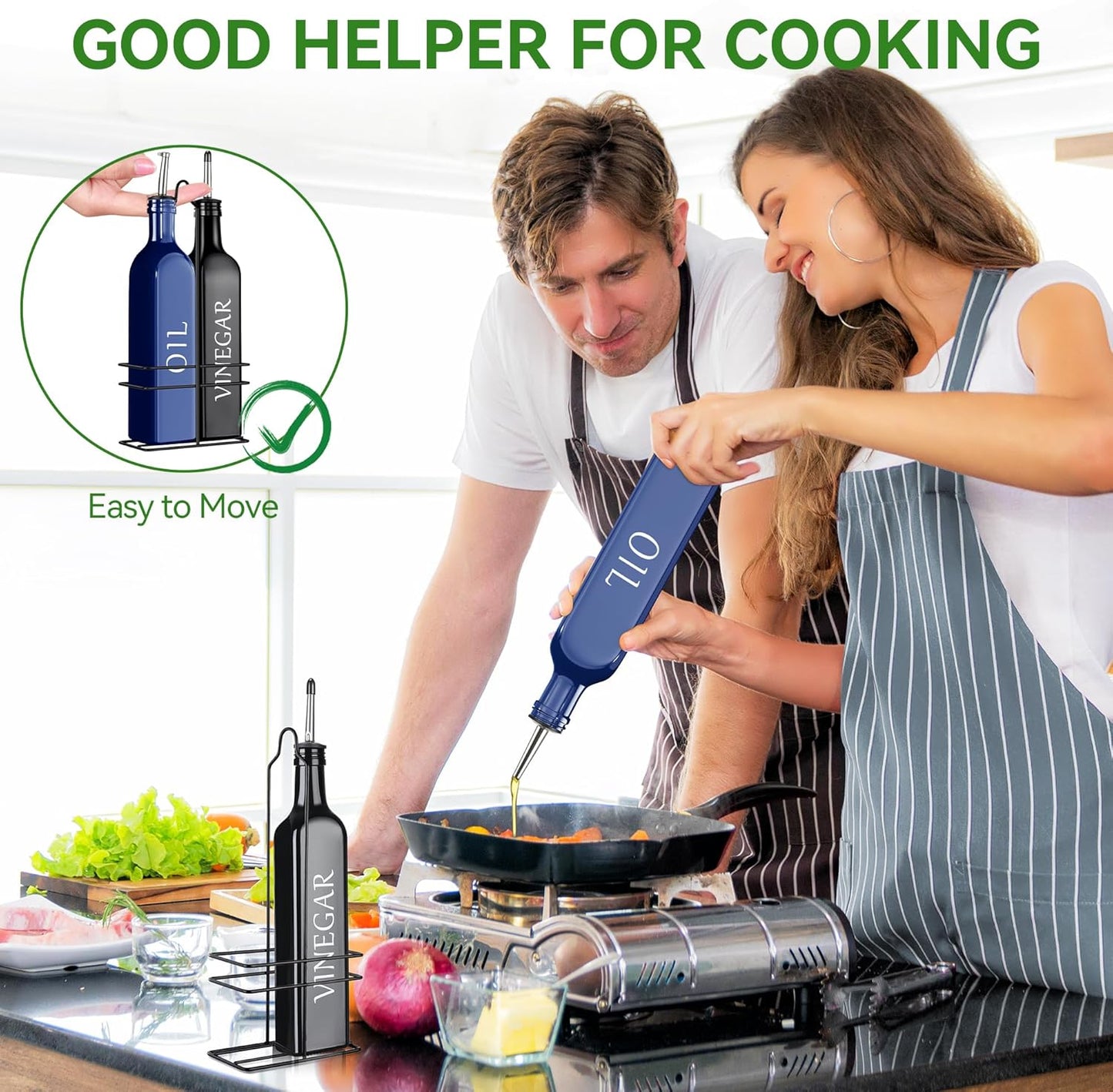 Vakoo Oil and Vinegar Dispenser Set - 17oz/500ml, Extra Thick Glass, Leak-Proof, Olive Oil Dispenser Bottle for Kitchen (White Black)