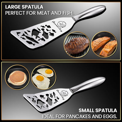 Stainless Steel Fish Spatula Set – 1 Large Fish Turner + 1 Small Metal Spatula, Ultra-Thin Edge for Easy Turning & Flipping, Metal Kitchen Utensils with Ergonomic Non-Slip Handle, Dishwasher Safe