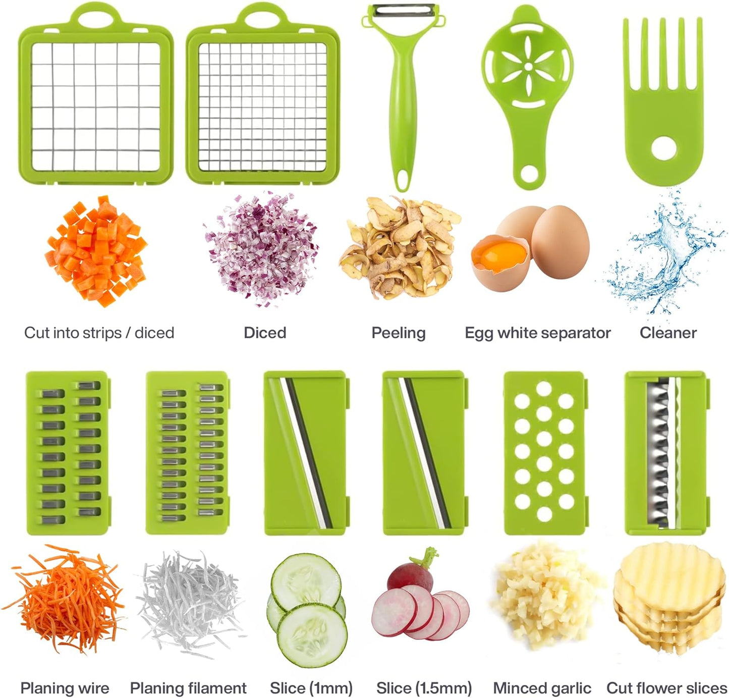 Vegetable Chopper 15-1 with Container - 8 Blades Dicer Chopper Cutter & Slicer - Draining Basket, Peeler, Egg separator, and Many More - Vegetable Chopper for Onions, Potatoes, Tomatoes