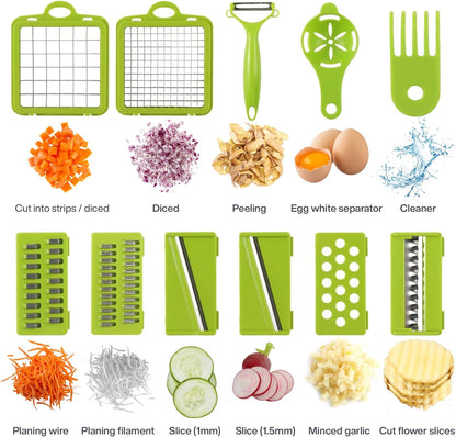 Vegetable Chopper 15-1 with Container - 8 Blades Dicer Chopper Cutter & Slicer - Draining Basket, Peeler, Egg separator, and Many More - Vegetable Chopper for Onions, Potatoes, Tomatoes