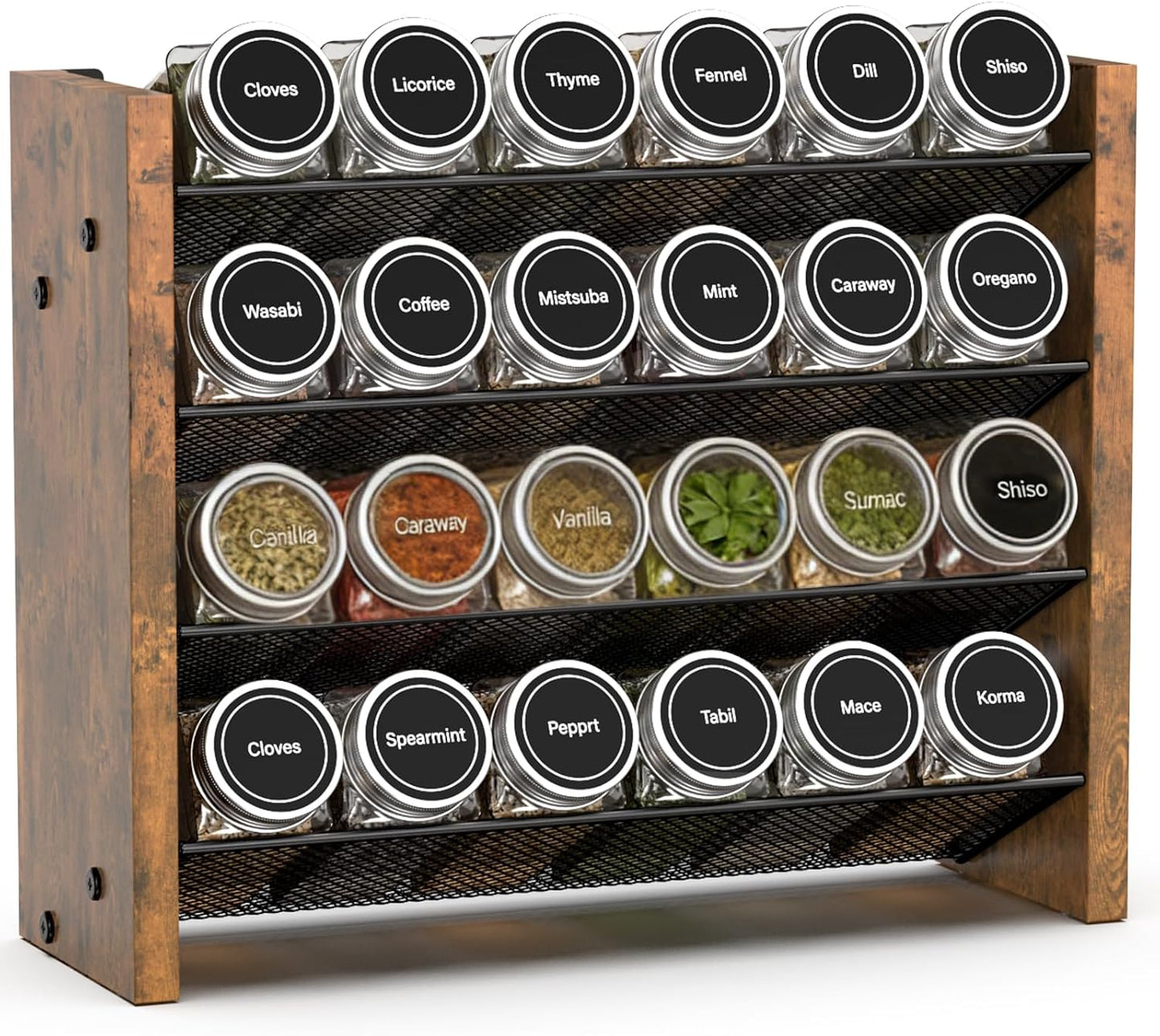NESAPTO Spice Rack Organizer for Cabinet, Wood 4-Tier Vertical Seasoning Organizer, Wall Mount or Countertop Spice Shelf, Holds 28 Jars (No Jars Included), 14" W x 9.4" H