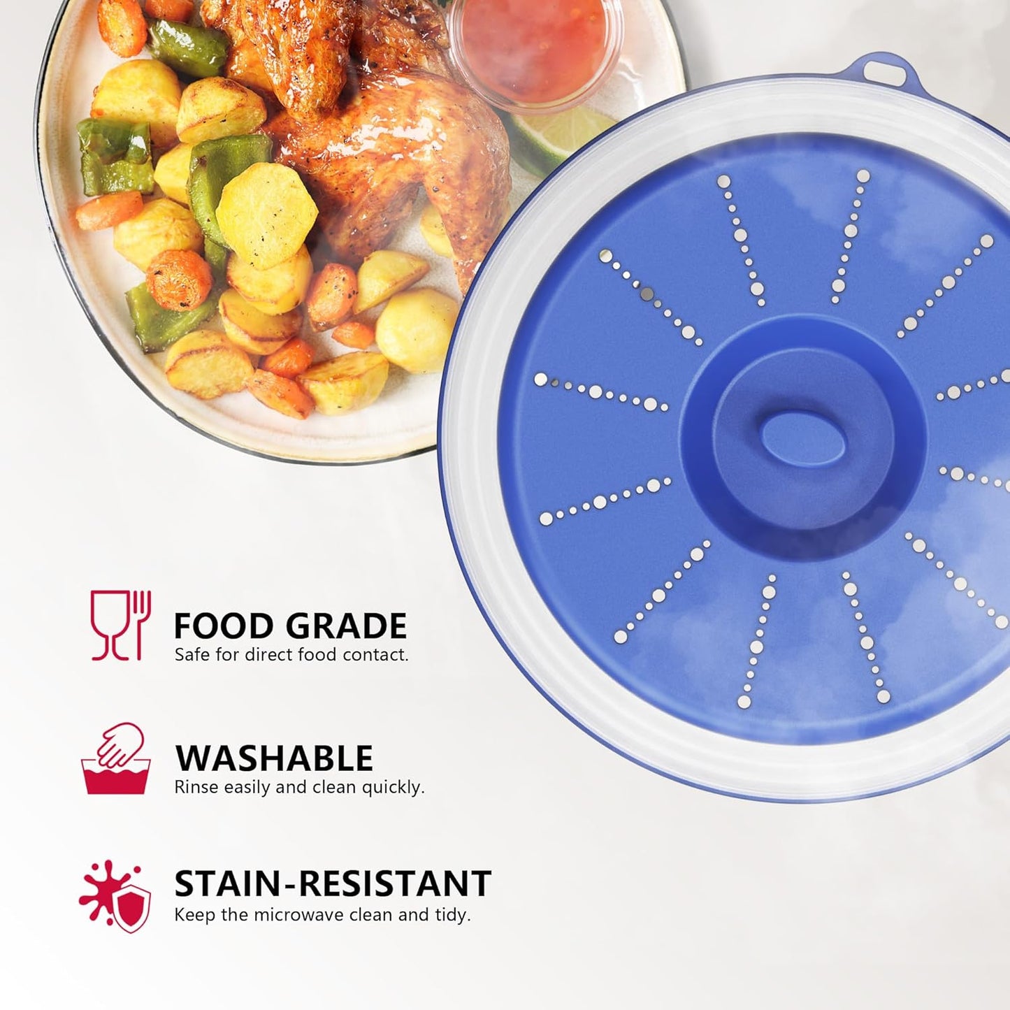 WVM Microwave Splatter Cover Vented for Food with Hook Hole, Splatter Guard & Colander Kitchen Gadget for Food, Meal Prep, Grey