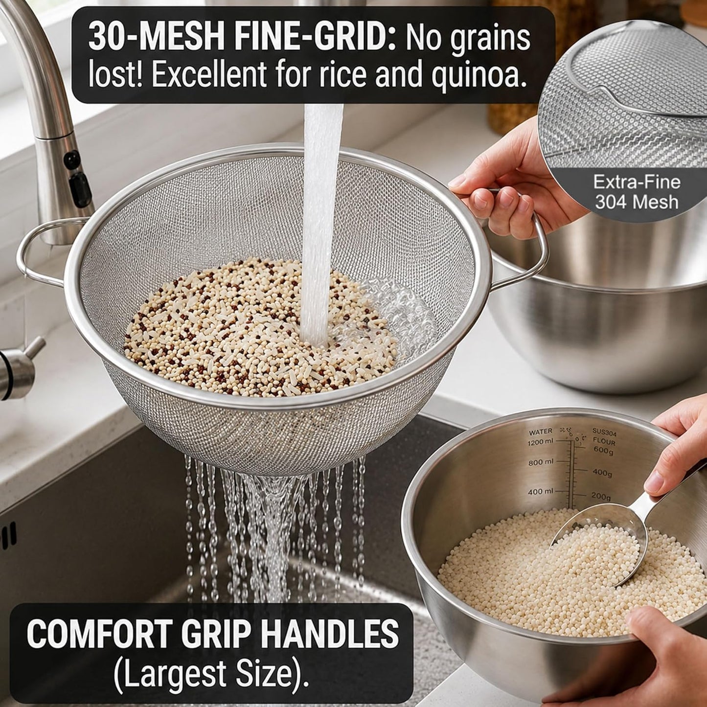 3.5QT Stainless Steel strainer bowl Set, Rice Washing Bowl with SUS304 Food Grade Metal Mixing Bowl with Measurement Marks, Large Fruit Washing Bowl for Rice, Quinoa, Pasta, Vegetables,2 Pack