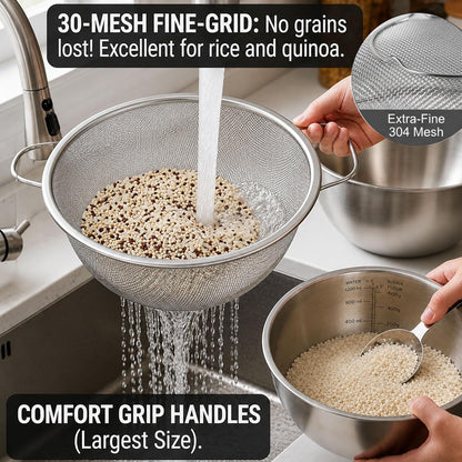 3.5QT Stainless Steel strainer bowl Set, Rice Washing Bowl with SUS304 Food Grade Metal Mixing Bowl with Measurement Marks, Large Fruit Washing Bowl for Rice, Quinoa, Pasta, Vegetables,2 Pack