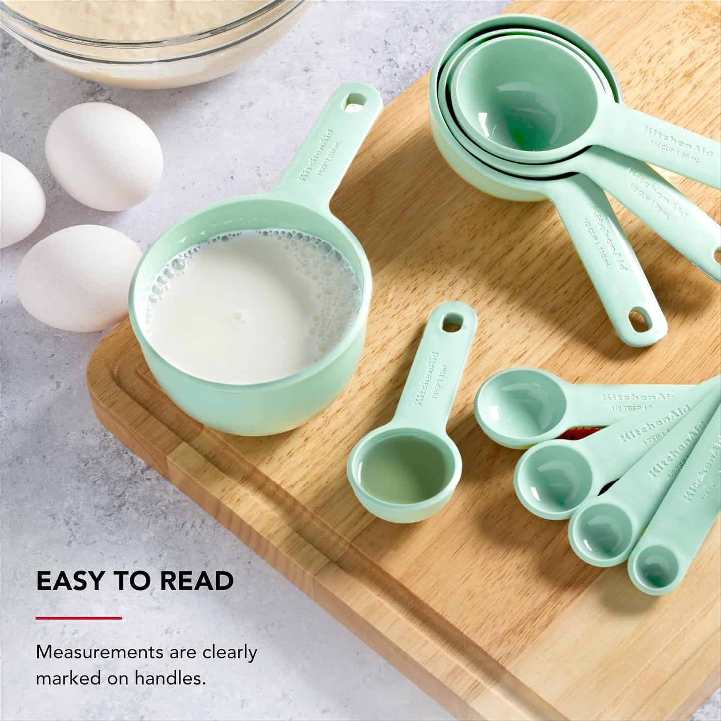 KitchenAid Universal Easy To Read Measuring Cup and Spoon Set with Soft Grip Handle for Maximum Control, Hang Hole and Nesting For Easy Storage, Dishwasher Safe, 9 Piece, Pistachio