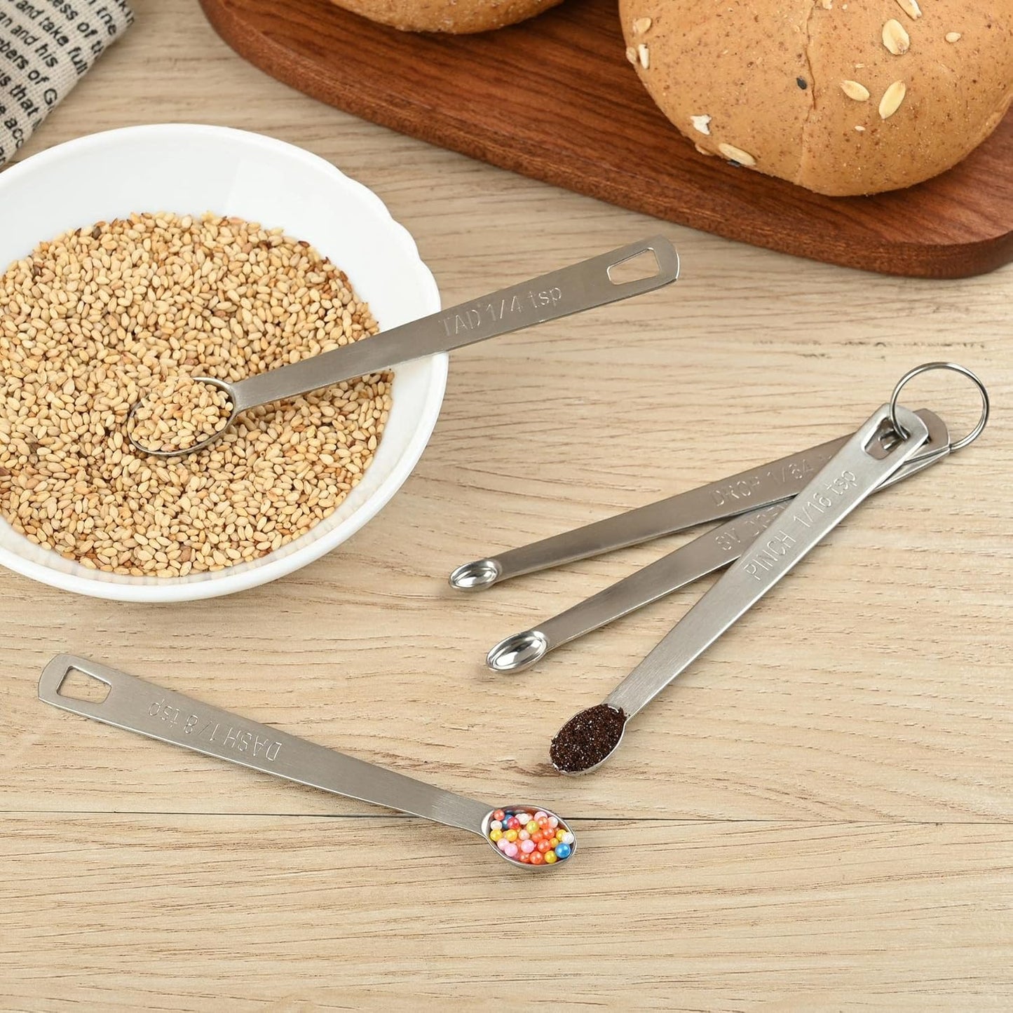 Measuring Spoons Set, Mini Tiny Spoon, Small spoons for Spice Jars, 1/8, 1/16, 1/32, 1/64 Teaspoon Measuring Spoon, 5 Tiny Mini Measuring Spoons, 18/8 Stainless Steel Measuring Spoons