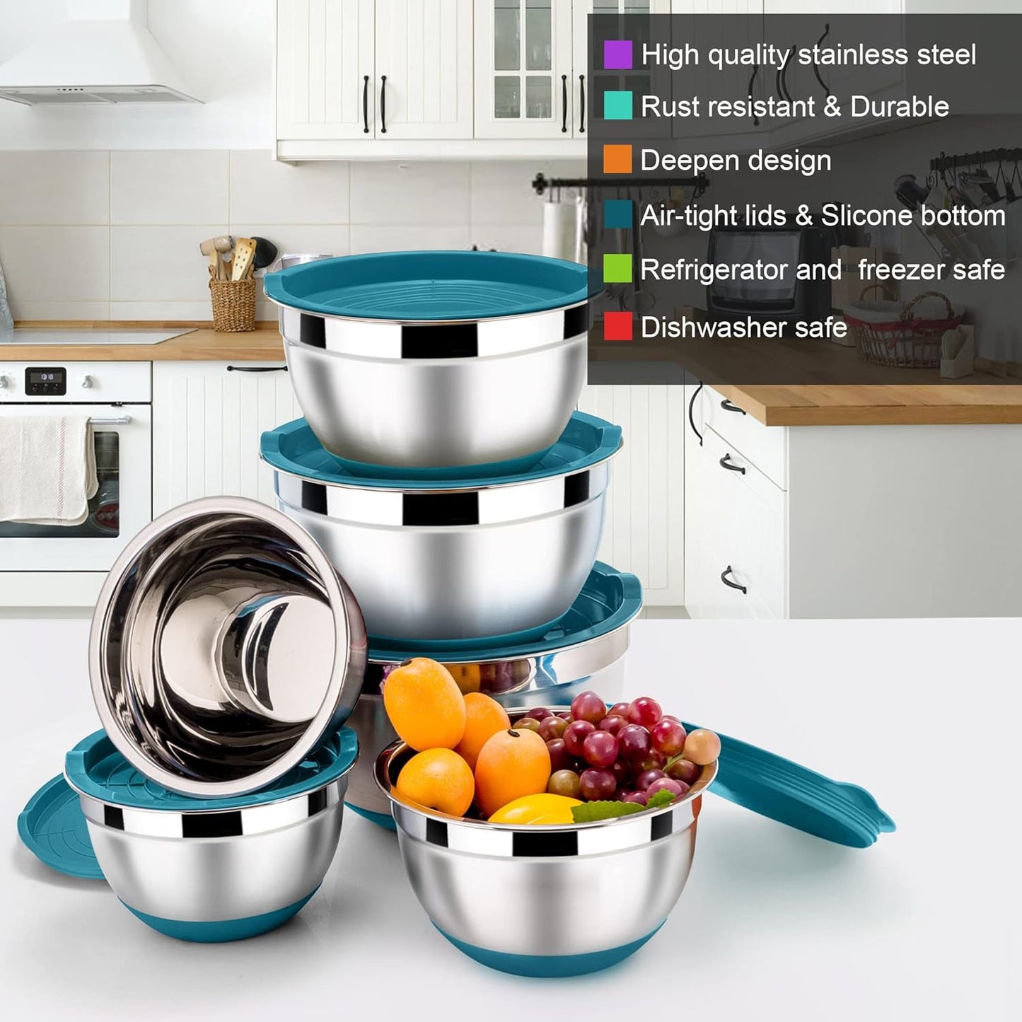 LIANYU Stainless Steel Mixing Bowls Sets of 6, Large 7, 3.5, 2.5, 2, 1.5, 1QT Size with Transparent Airtight Lids, Metal Nesting Serving Bowl Sets for Home Kitchen, Dishwasher & Freezer Safe, Black