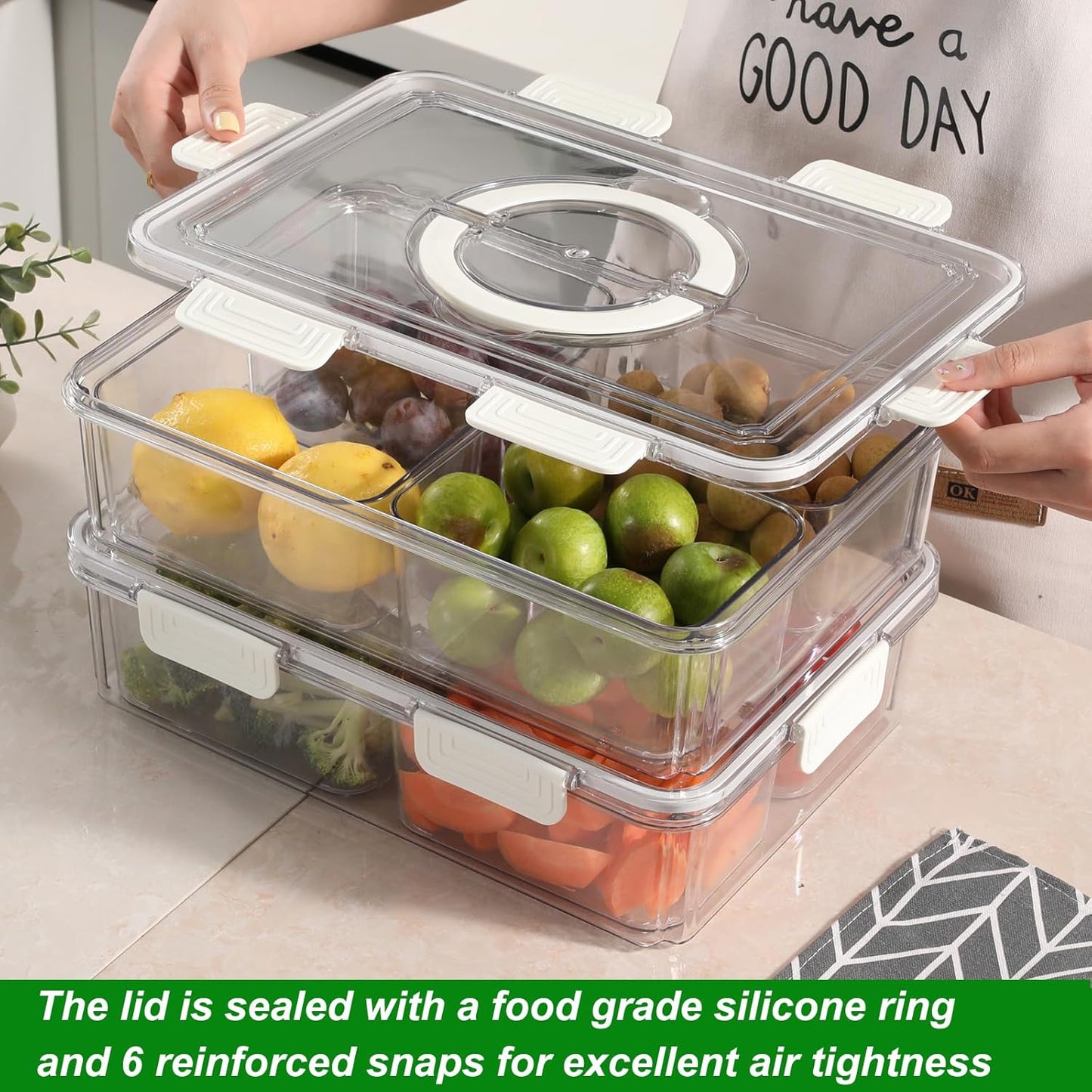 Taiuloo Airtight Fruit Storage Containers for Fridge with Lid & Handle, BPA-Free Snack Box Container with 4 Removable Colanders, Berry Vegetable Fresh Produce Saver, Clear Refrigerator Organizer Bins