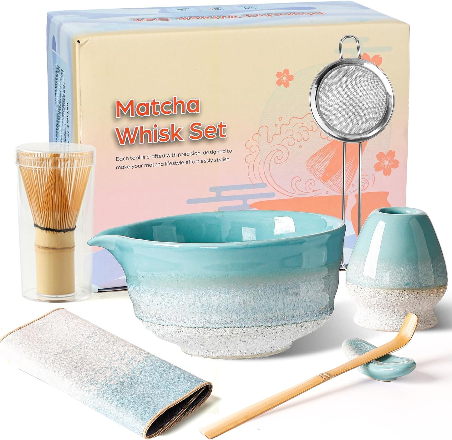 Matcha Whisk Set, Ceramic Matcha Kit Desert Style, Matcha Whisk and Bowl, Bamboo Scoop and Rest, Sifter and Tea Towel, 7 Pcs Gifts for Matcha Lover - Matte Black