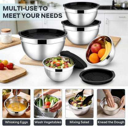 E-far Mixing Bowls with Lids, 6-Piece Stainless Steel Salad Bowls Metal Nesting Bowls for Baking Cooking and Prepping, Airtight Lids & Stackable Design, Size 4.5, 3, 1.5 QT (Black)