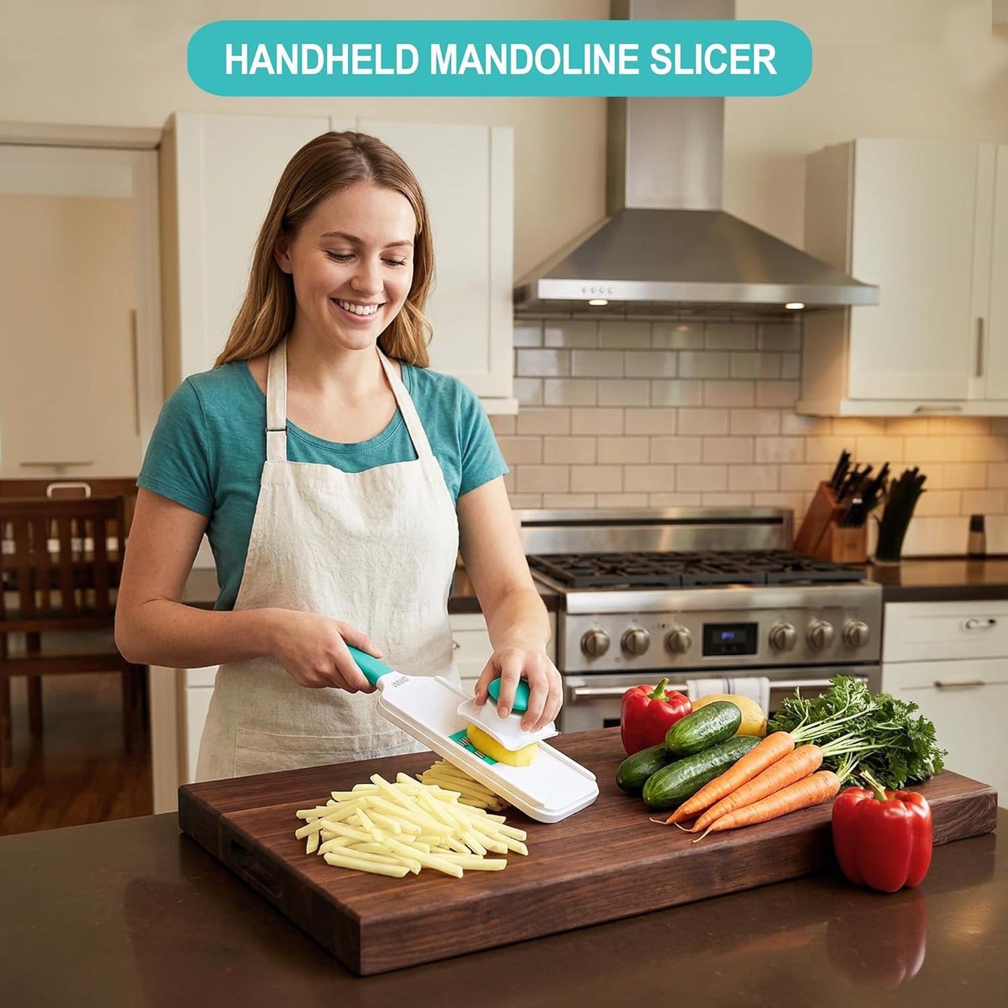 DINM Handheld Mandoline Slicer for Kitchen – Stainless Steel Vegetable Slicer with 3 Interchangeable Blades, Safety Food Holder, Potato, Cucumber & Carrot Cutter