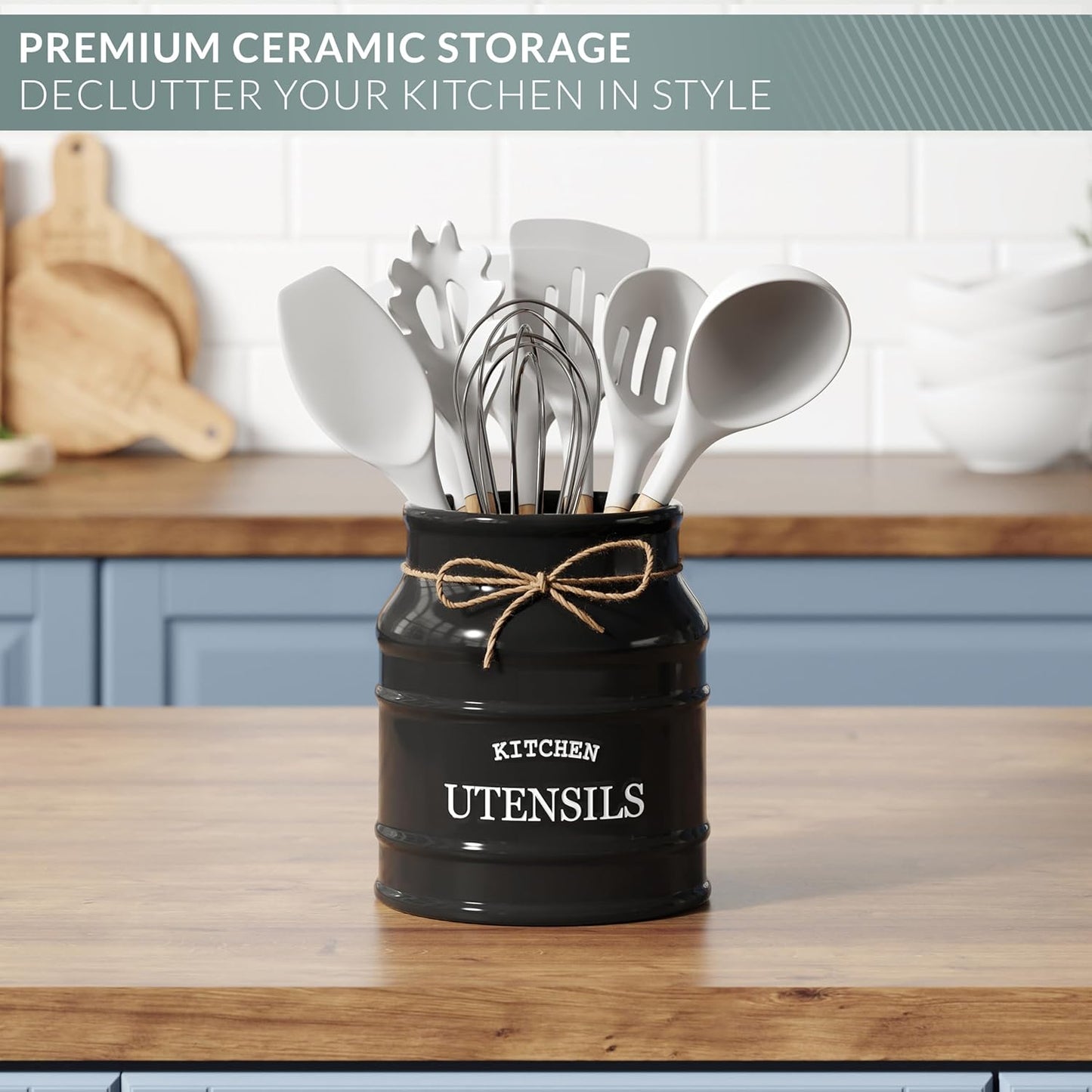 Barnyard Designs Ceramic Farmhouse Utensil Holder for Kitchen Counter, Large Rustic Utensil Crock, Countertop Cooking Tool Spatula Organizer, 6.75” (Taupe)