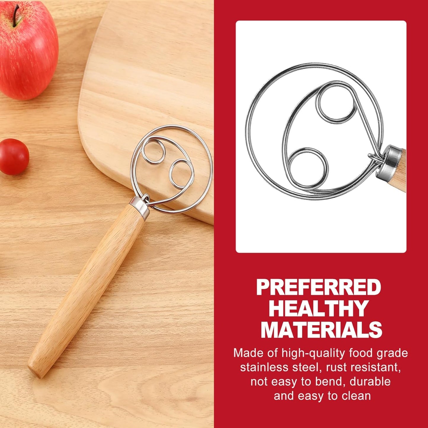 Danish Dough Whisk with Wooden Handle Stainless Steel Bread Mixer Hook Essential Tool for Sourdough Artisan Baking Kitchen Mixing