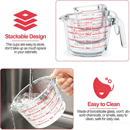 M MCIRCO 6 Pcs Glass Measuring Cups with Lids Set, 1-Cup, 2-Cup, 4-Cup Measuring Jugs with Handle, Nesting Liquid Measuring Cups for Kitchen