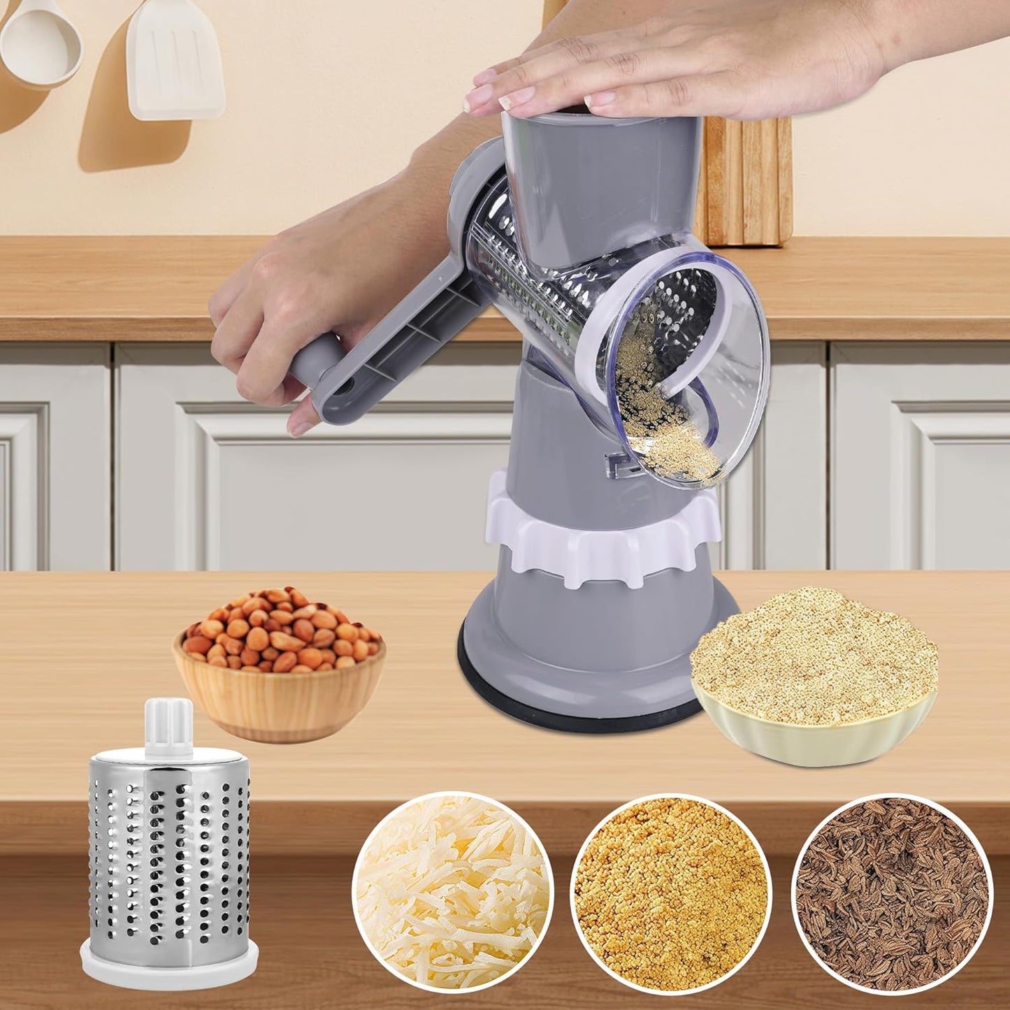 Rotary Cheese Grater Hand Crank with Peeler, Cheese Shredder with 3 Stainless Steel Changeable Blades, Kitchen Food Slicer with Non-Slip Suction Base for Cheese Fruit Vegetables Nuts (Gray)