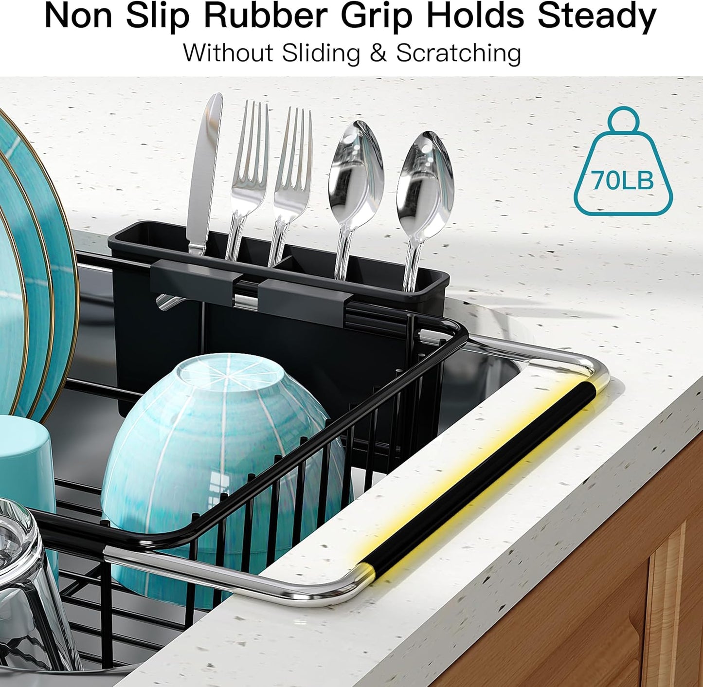 JASIWAY Roll Up Dish Drying Rack, Expandable (12.8"-23.8" D x 12.8" W) Stainless Steel Portable Drainer for Kitchen Sink Counter, Foldable Over The Sink Cover with Removable Utensil Holder
