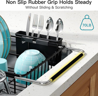 JASIWAY Roll Up Dish Drying Rack, Expandable (12.8"-23.8" D x 12.8" W) Stainless Steel Portable Drainer for Kitchen Sink Counter, Foldable Over The Sink Cover with Removable Utensil Holder