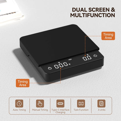 Coffee Scale, Espresso Scale, Weigh Digital Kitchen Scale with Timer, 2kg/0.1g Rechargeable Scale, Ratios & Flow Rate Display, Barista-Grade for Pour-Over, Espresso, French Press – Black