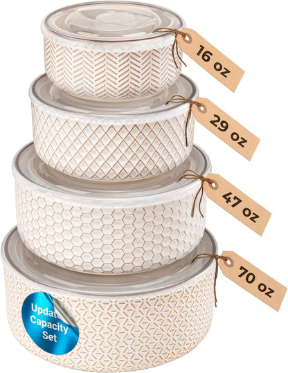 KooK Serving Bowls, with Lids, Ceramic Nesting Bowls, Set of 4, Embossed, Kitchen, Prep, Stackable, Gift, Microwave and Dishwasher Safe, 16/29/47/70 oz, Narbonne Collection (Ivory)