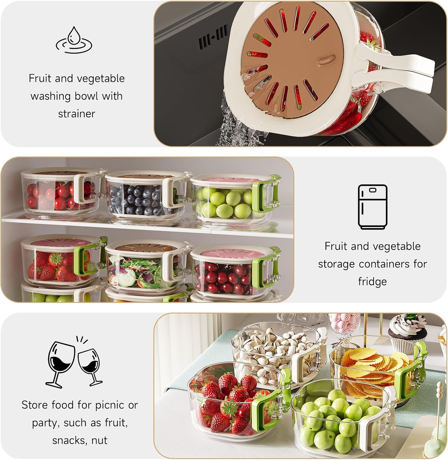 Stackable snake container for kids toddler adult, reusable prep snackle box, Fruit Washing Bowl, Multifunctional, Berry Keeper, Portable Colander Storage Container for Kitchen, Picnic, 2 Pack(Brown)