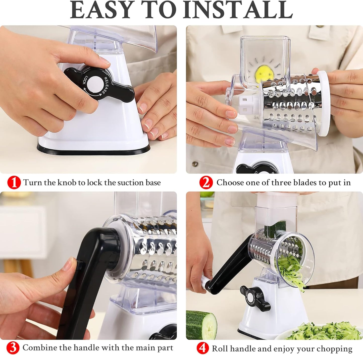 Cheese Graters with Handle, Manual Cheese Shredder Rotary Grater with 3 Replaceable Drum Blades for Vegetables, Fruit, Food, Nuts
