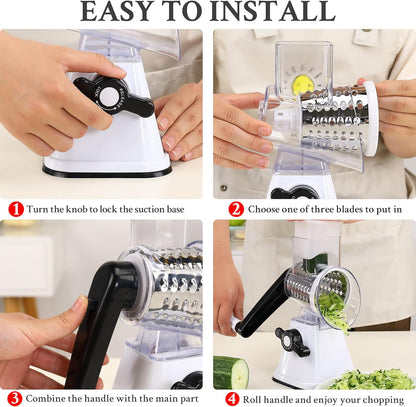Cheese Graters with Handle, Manual Cheese Shredder Rotary Grater with 3 Replaceable Drum Blades for Vegetables, Fruit, Food, Nuts