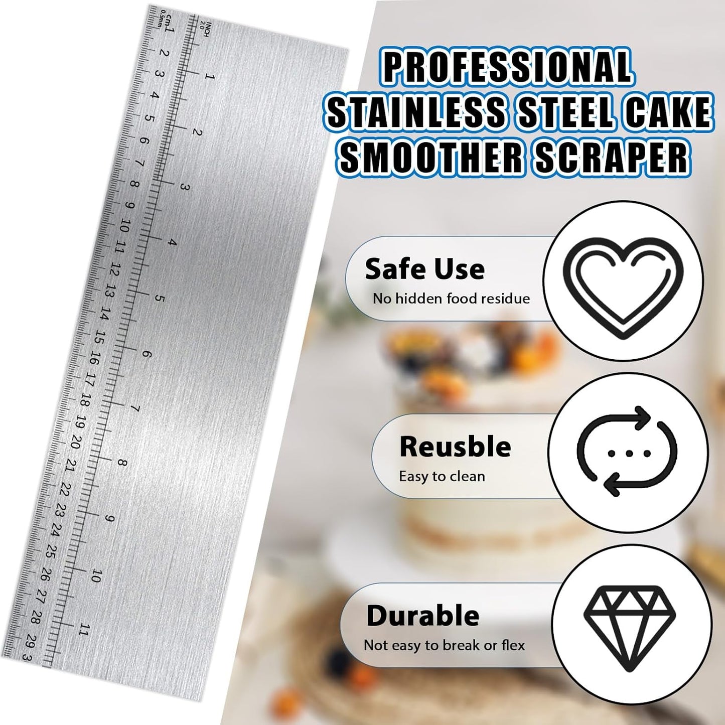 Jeffdad 12 Inch Metal Cake Scraper Smoother with Scale Stainless Steel Cake Edge Smoother Cake Decorating Comb Baking Scraper Tool for Mousse Butter Cream Cake Decoration
