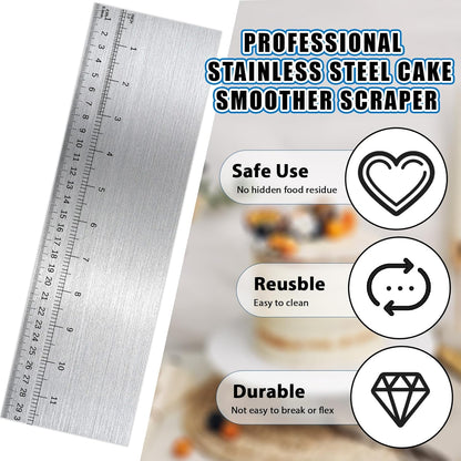 Jeffdad 12 Inch Metal Cake Scraper Smoother with Scale Stainless Steel Cake Edge Smoother Cake Decorating Comb Baking Scraper Tool for Mousse Butter Cream Cake Decoration