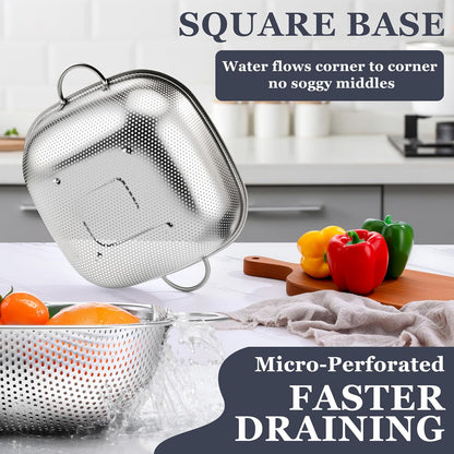 E-far 3 Pack Colander for Kitchen, Square Stainless Steel Metal Strainer Colander with Handle for Draining Food Pasta Vegetable, Micro-Perforated & Elevated Feet, Dishwasher Safe(2.4/4/6QT)