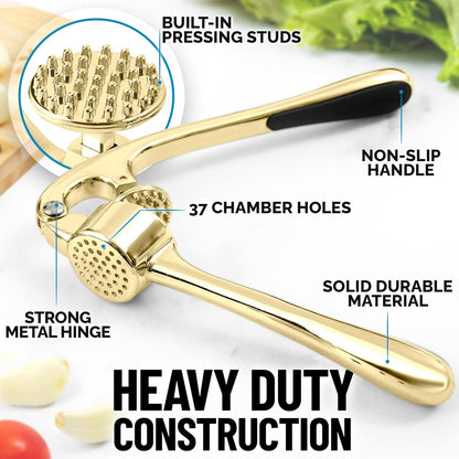 Zulay Kitchen Premium Garlic Press Set - Rust Proof Professional Garlic Mincer Tool - Easy-Squeeze, Easy-Clean with Soft, Ergonomic Handle - Silicone Garlic Peeler & Brush (Silver)