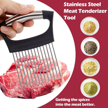 JAYVAR Extra-Large Onion Holder for Slicing, 304 Stainless Steel Onion Cutter Vegetable Chopper, Extra-Large Tomato Slicer with 16 Long Needles, Potato Slicer, Meat Tenderizer, Food Slicing Guide