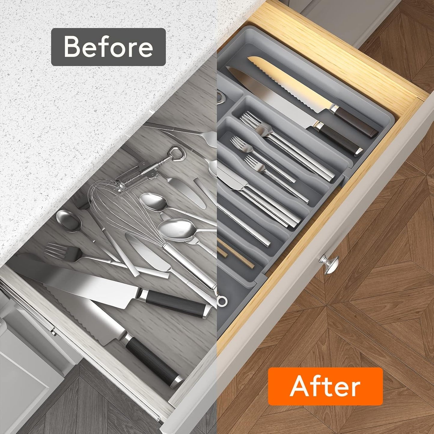 Lifewit Silverware Drawer Organizer, Expandable Utensil Tray for Kitchen, BPA Free Flatware and Cutlery Holder, Adjustable Plastic Storage for Spoons Forks Knives, 11-18 x 14", Black