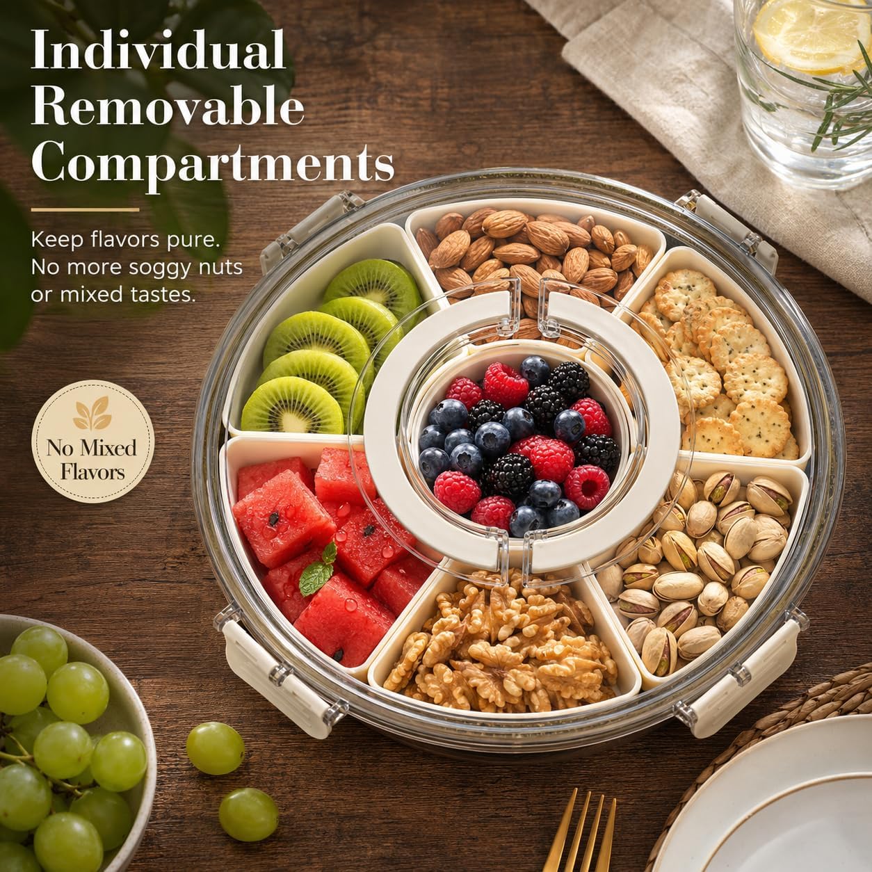 360°Rotating Divided Serving Tray with Clear Lid - BPA-Free Snack Spinner with Removable Compartments - Versatile Snackle Box Container for Parties, Picnics, Taco Night & Meal Prep