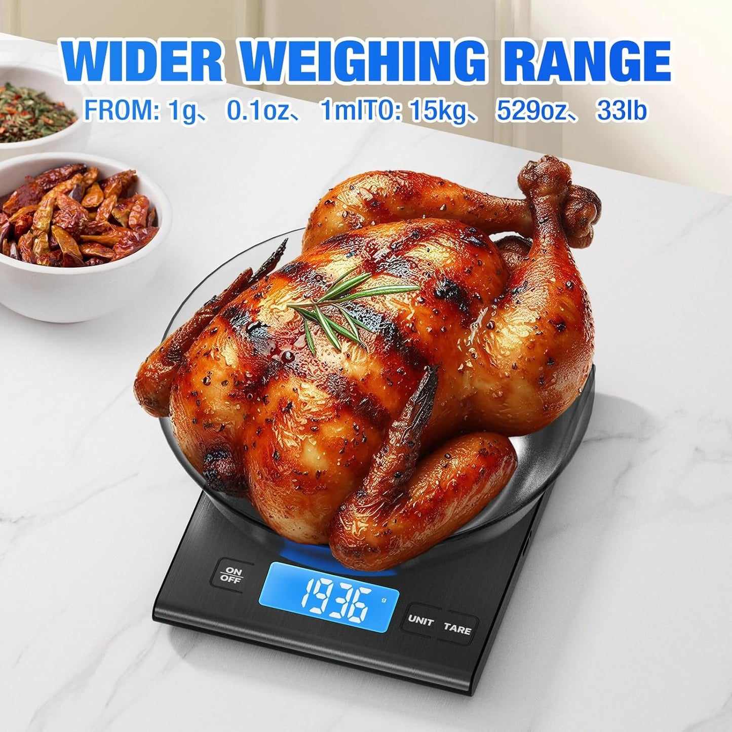 33lb Rechargeable Food Scale, Diyife 304 Stainless Steel Digital Kitchen Scale, 7.5 * 5.5 in Weight Grams and Ounces for Baking, Cooking, 5 Units with Tare Function, LCD Display, 2 AAA Batteries