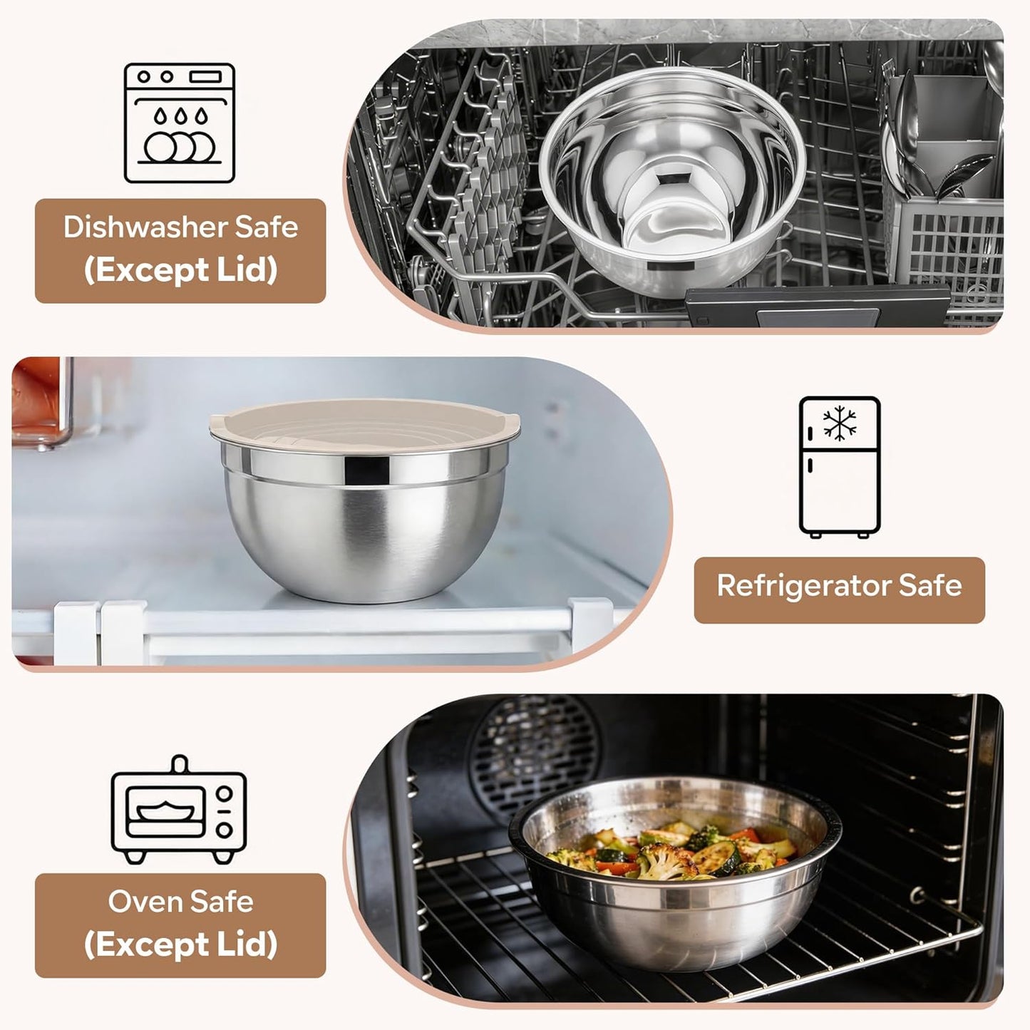 E-far Mixing Bowls with Lids, 6-Piece Stainless Steel Salad Bowls Metal Nesting Bowls for Baking Cooking and Prepping, Airtight Lids & Stackable Design, Size 4.5, 3, 1.5 QT (Black)